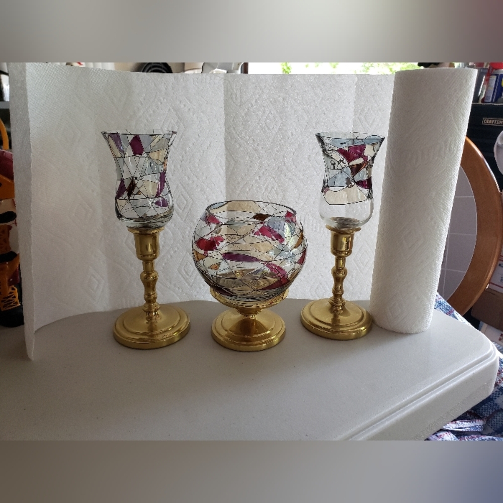 Beautiful  Stained Glass Candle Set